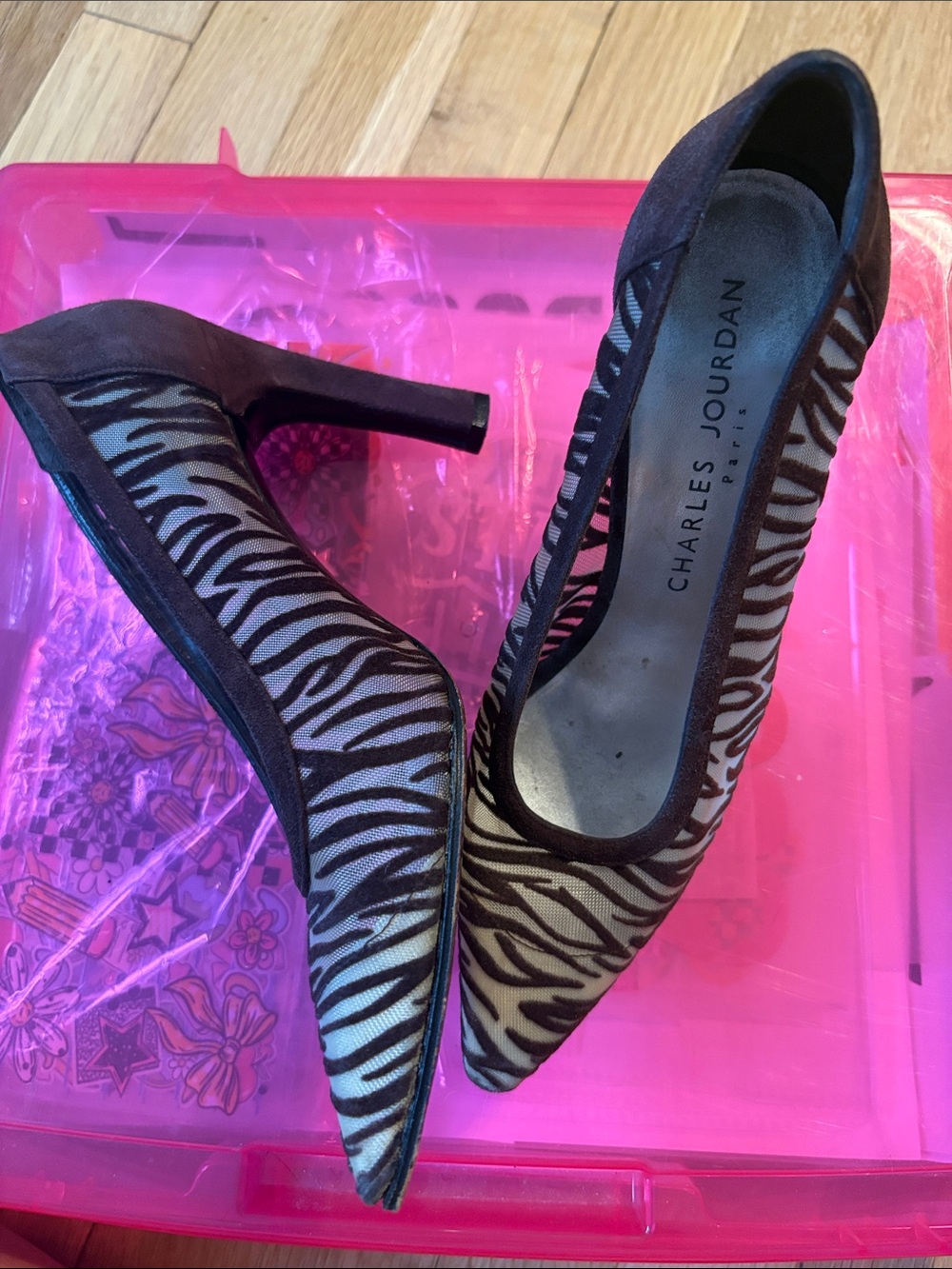 Charles Jourdan Brown and White Zebra-Print Pointed Toe Pumps - Picture 2 of 3